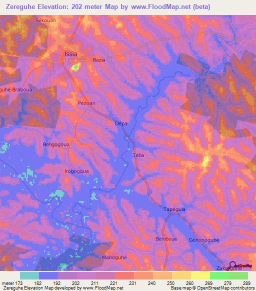 Zereguhe,Ivory Coast Elevation Map