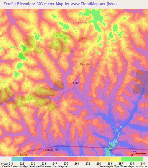 Zerefla,Ivory Coast Elevation Map