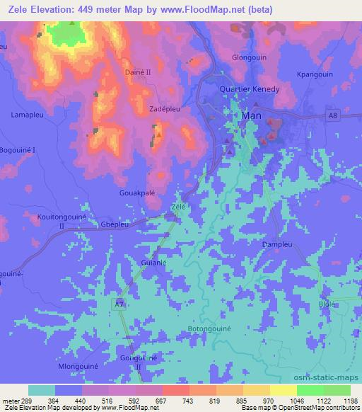 Zele,Ivory Coast Elevation Map