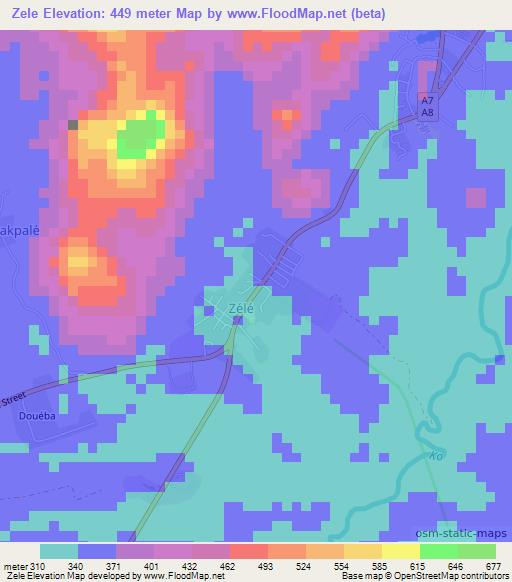Zele,Ivory Coast Elevation Map