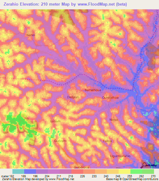 Zerahio,Ivory Coast Elevation Map