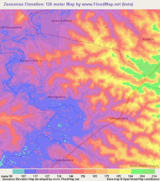 Zeouanou,Ivory Coast Elevation Map