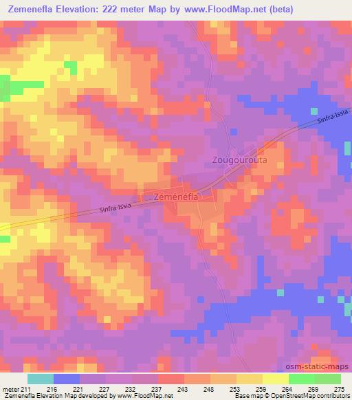 Zemenefla,Ivory Coast Elevation Map