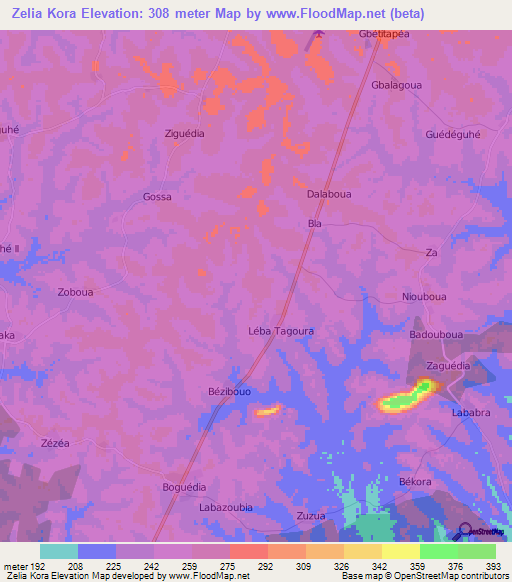 Zelia Kora,Ivory Coast Elevation Map