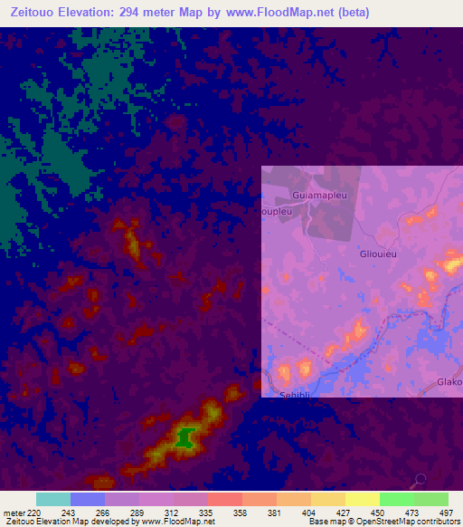 Zeitouo,Ivory Coast Elevation Map