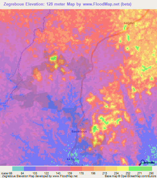 Zegreboue,Ivory Coast Elevation Map