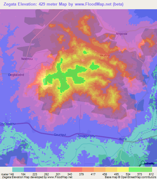 Zegata,Ivory Coast Elevation Map