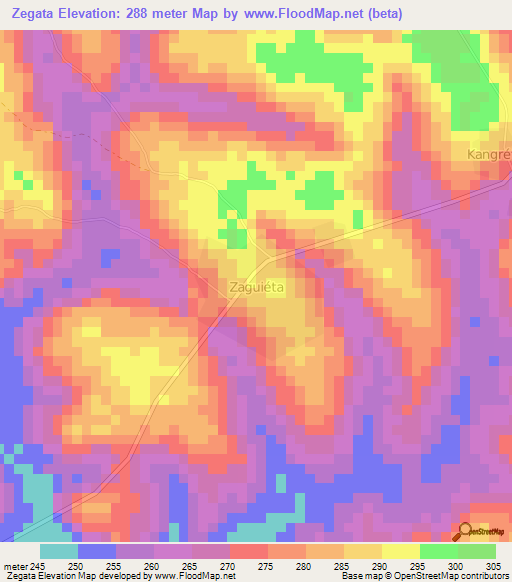 Zegata,Ivory Coast Elevation Map
