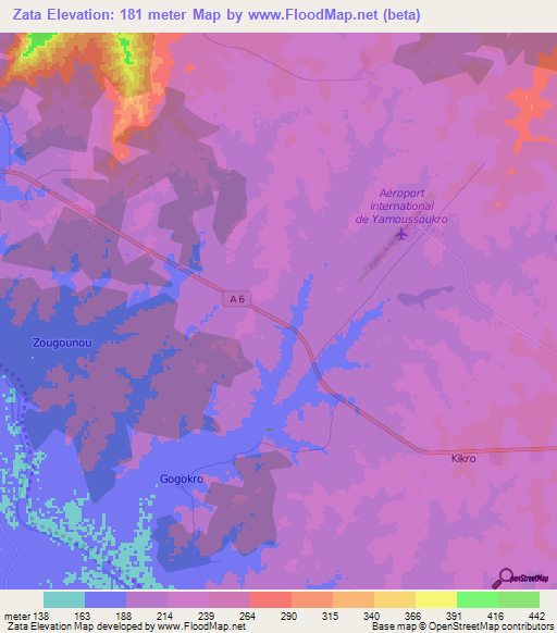 Zata,Ivory Coast Elevation Map