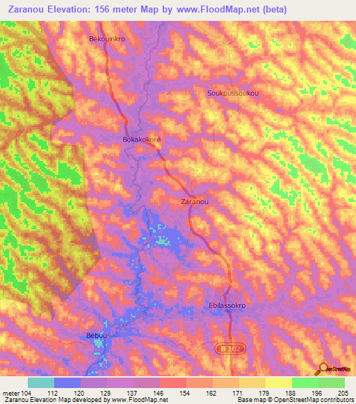 Zaranou,Ivory Coast Elevation Map