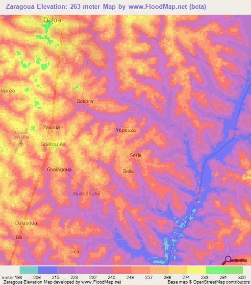 Zaragoua,Ivory Coast Elevation Map