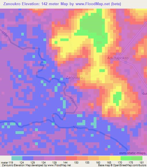 Zanoukro,Ivory Coast Elevation Map