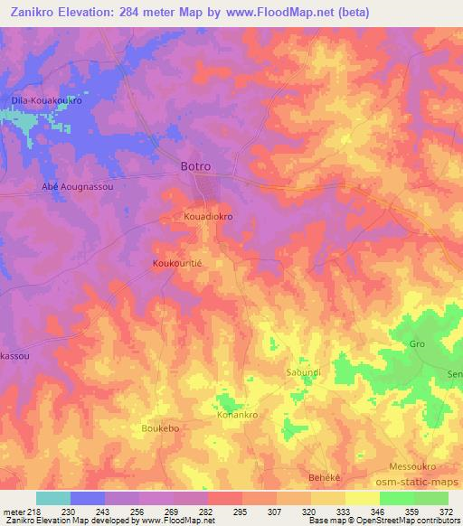 Zanikro,Ivory Coast Elevation Map