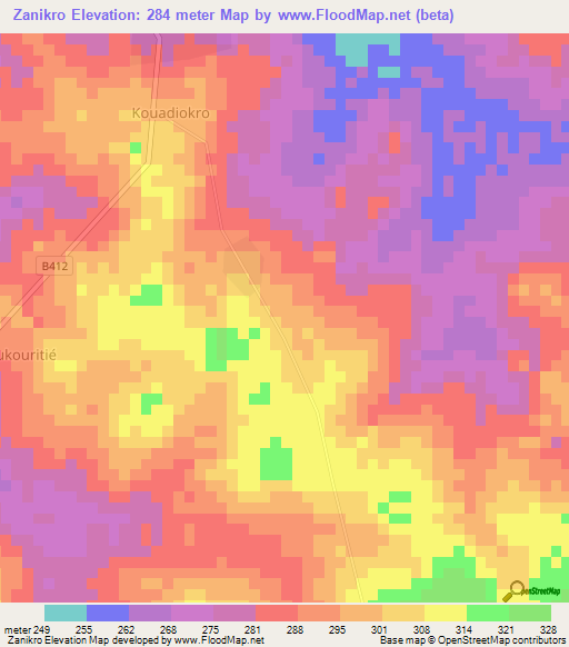 Zanikro,Ivory Coast Elevation Map