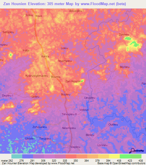 Zan Hounien,Ivory Coast Elevation Map