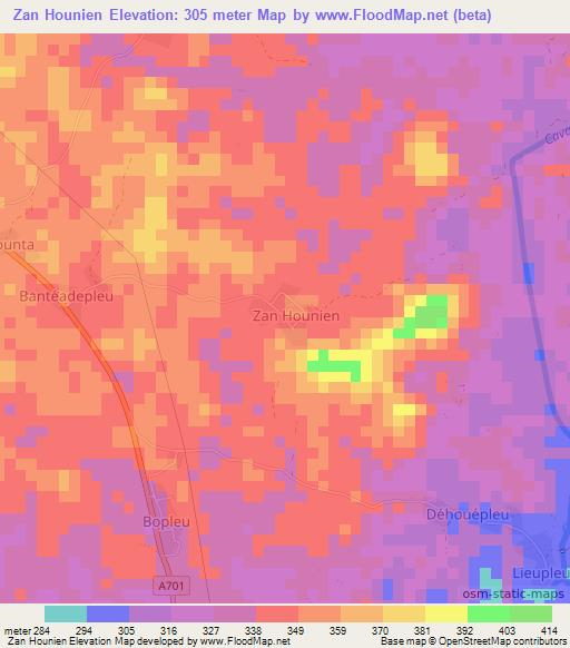 Zan Hounien,Ivory Coast Elevation Map
