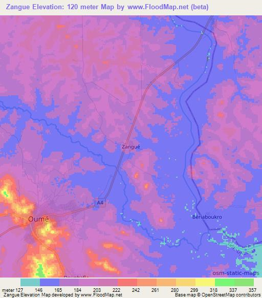 Zangue,Ivory Coast Elevation Map