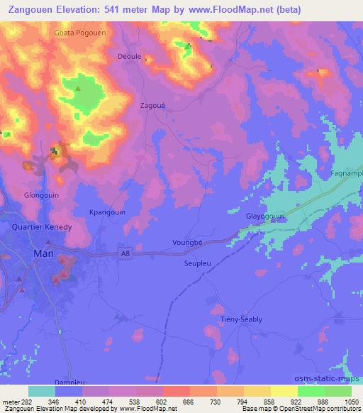 Zangouen,Ivory Coast Elevation Map