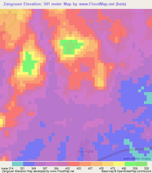 Zangouen,Ivory Coast Elevation Map