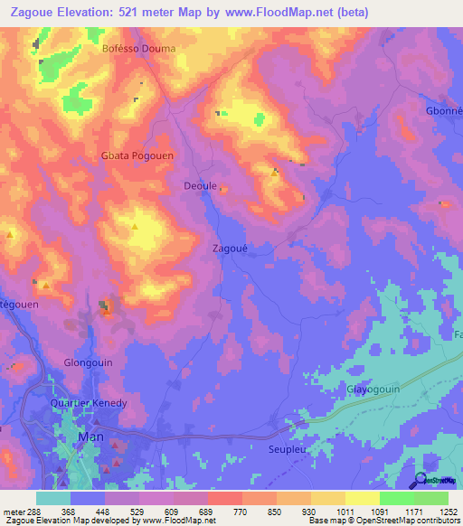 Zagoue,Ivory Coast Elevation Map