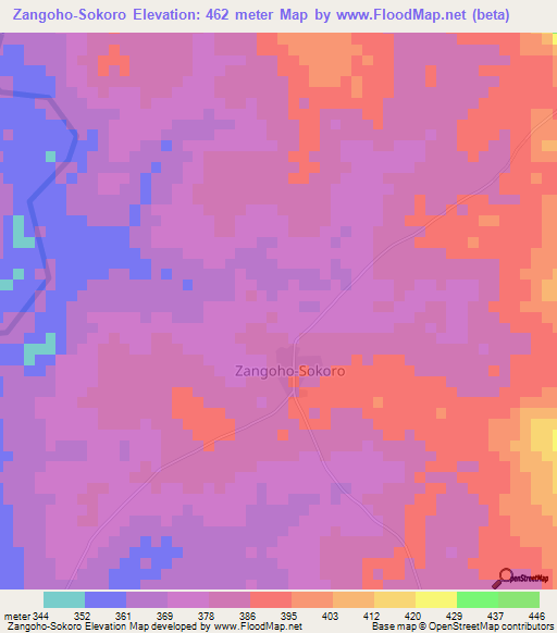 Zangoho-Sokoro,Ivory Coast Elevation Map