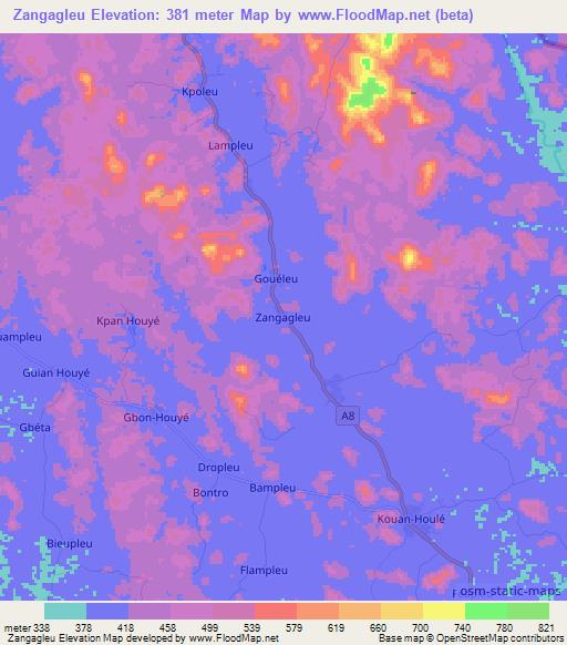 Zangagleu,Ivory Coast Elevation Map