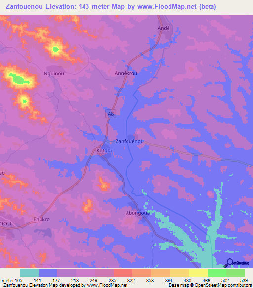 Zanfouenou,Ivory Coast Elevation Map