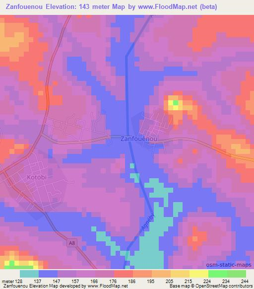 Zanfouenou,Ivory Coast Elevation Map