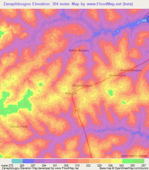Zanaplidougou,Ivory Coast Elevation Map