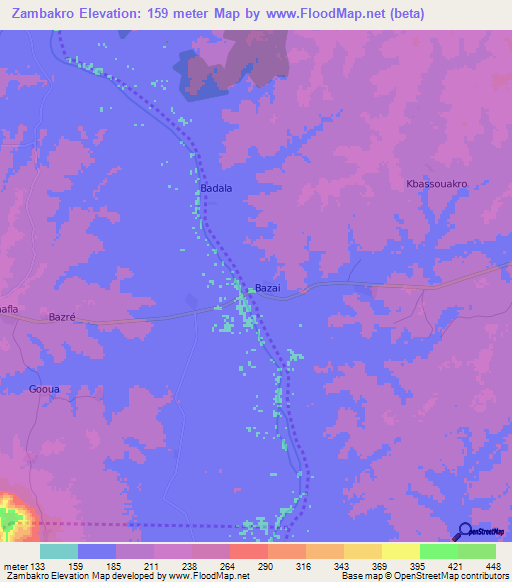 Zambakro,Ivory Coast Elevation Map