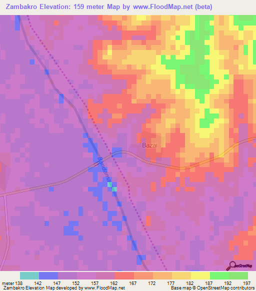 Zambakro,Ivory Coast Elevation Map
