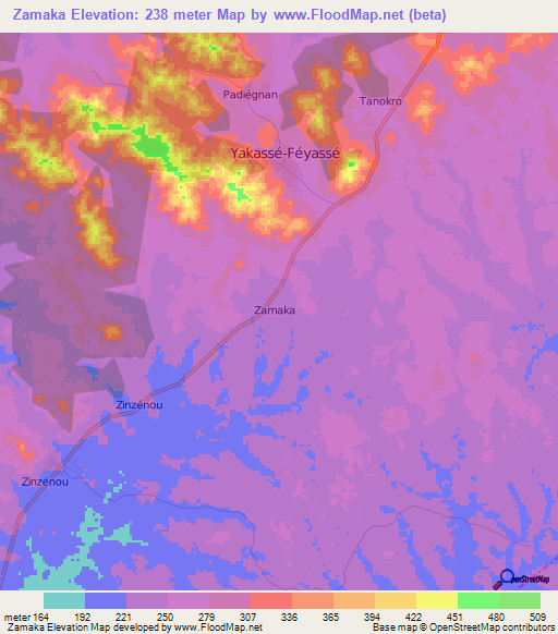 Zamaka,Ivory Coast Elevation Map