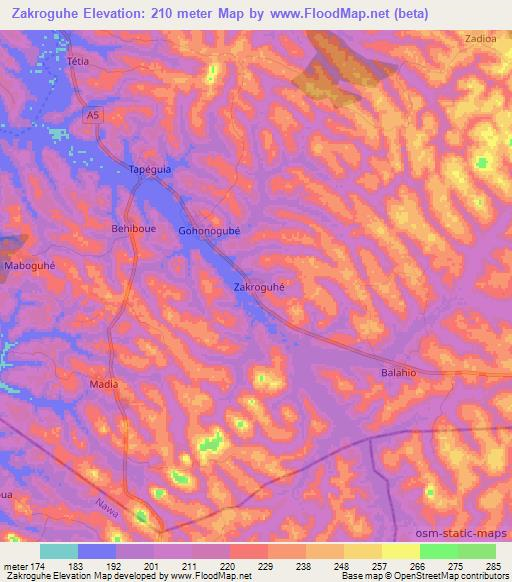 Zakroguhe,Ivory Coast Elevation Map