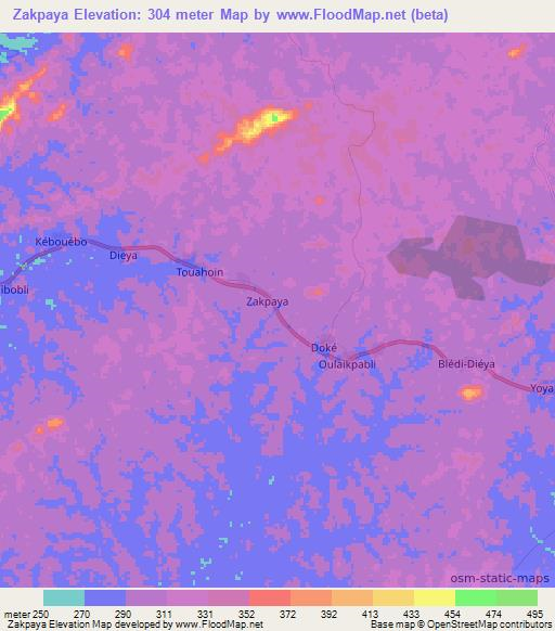 Zakpaya,Ivory Coast Elevation Map