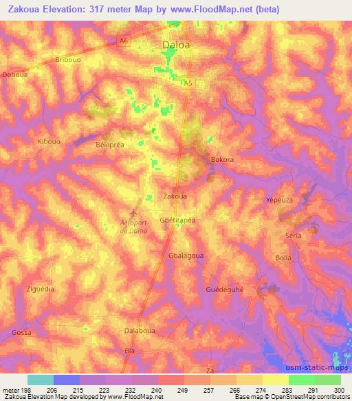 Zakoua,Ivory Coast Elevation Map