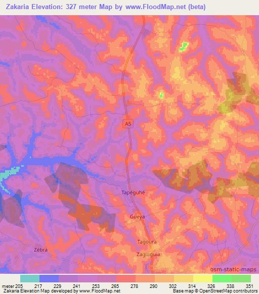 Zakaria,Ivory Coast Elevation Map