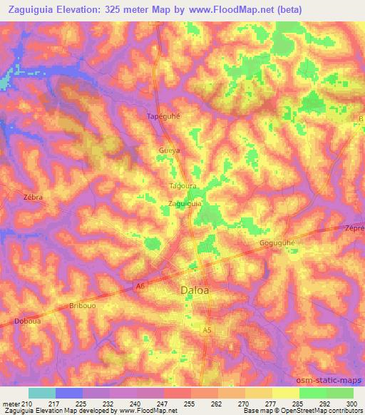 Zaguiguia,Ivory Coast Elevation Map