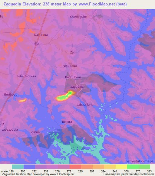 Zaguedia,Ivory Coast Elevation Map