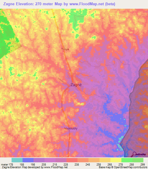 Zagne,Ivory Coast Elevation Map