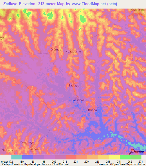 Zadiayo,Ivory Coast Elevation Map
