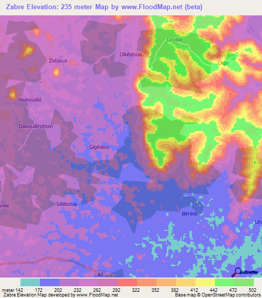 Zabre,Ivory Coast Elevation Map