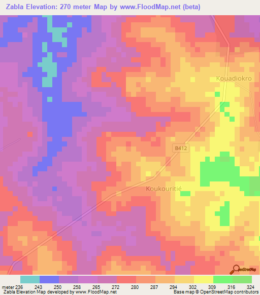 Zabla,Ivory Coast Elevation Map