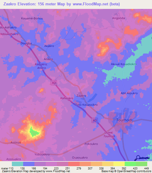 Zaakro,Ivory Coast Elevation Map