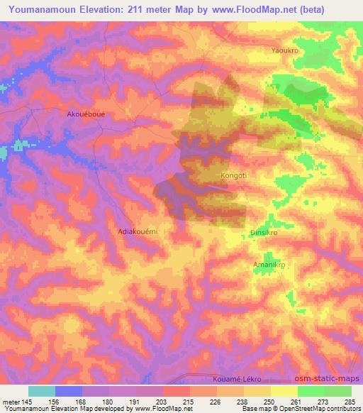 Youmanamoun,Ivory Coast Elevation Map