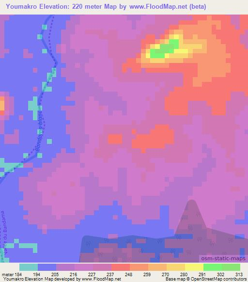Youmakro,Ivory Coast Elevation Map