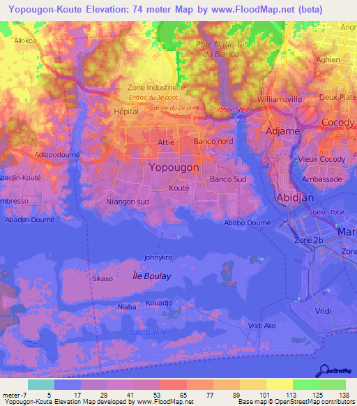 Yopougon-Koute,Ivory Coast Elevation Map