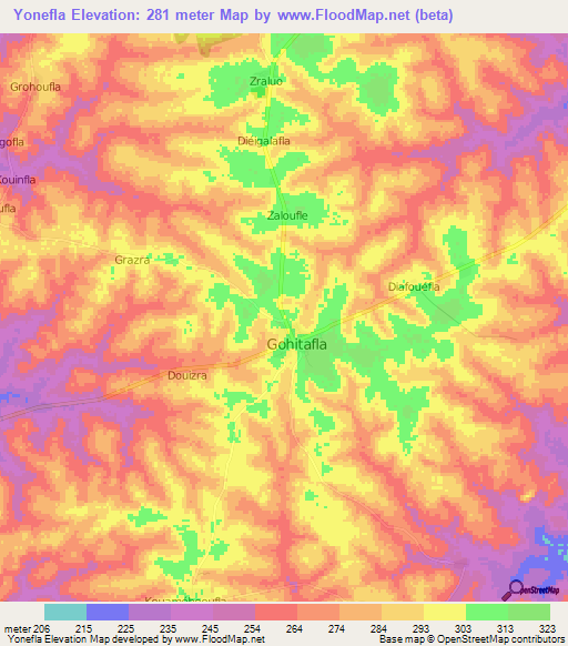 Yonefla,Ivory Coast Elevation Map
