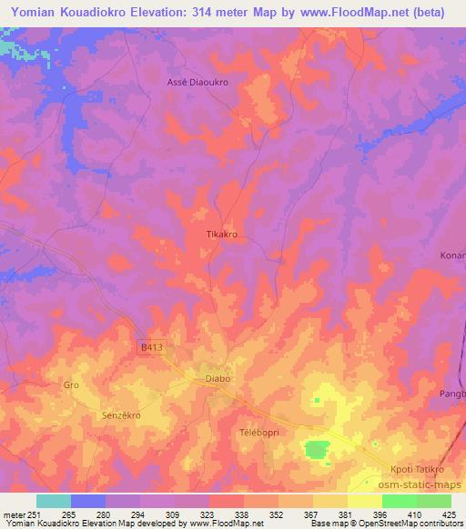 Yomian Kouadiokro,Ivory Coast Elevation Map
