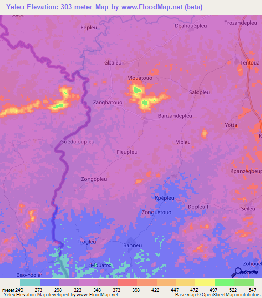Yeleu,Ivory Coast Elevation Map