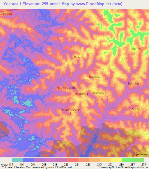 Yokorea I,Ivory Coast Elevation Map
